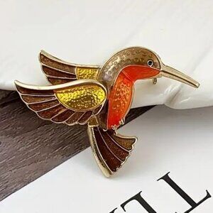 Hummingbird Enamel Brooch Pin Stylish Nature Gold Orange Glam Bird Colorful